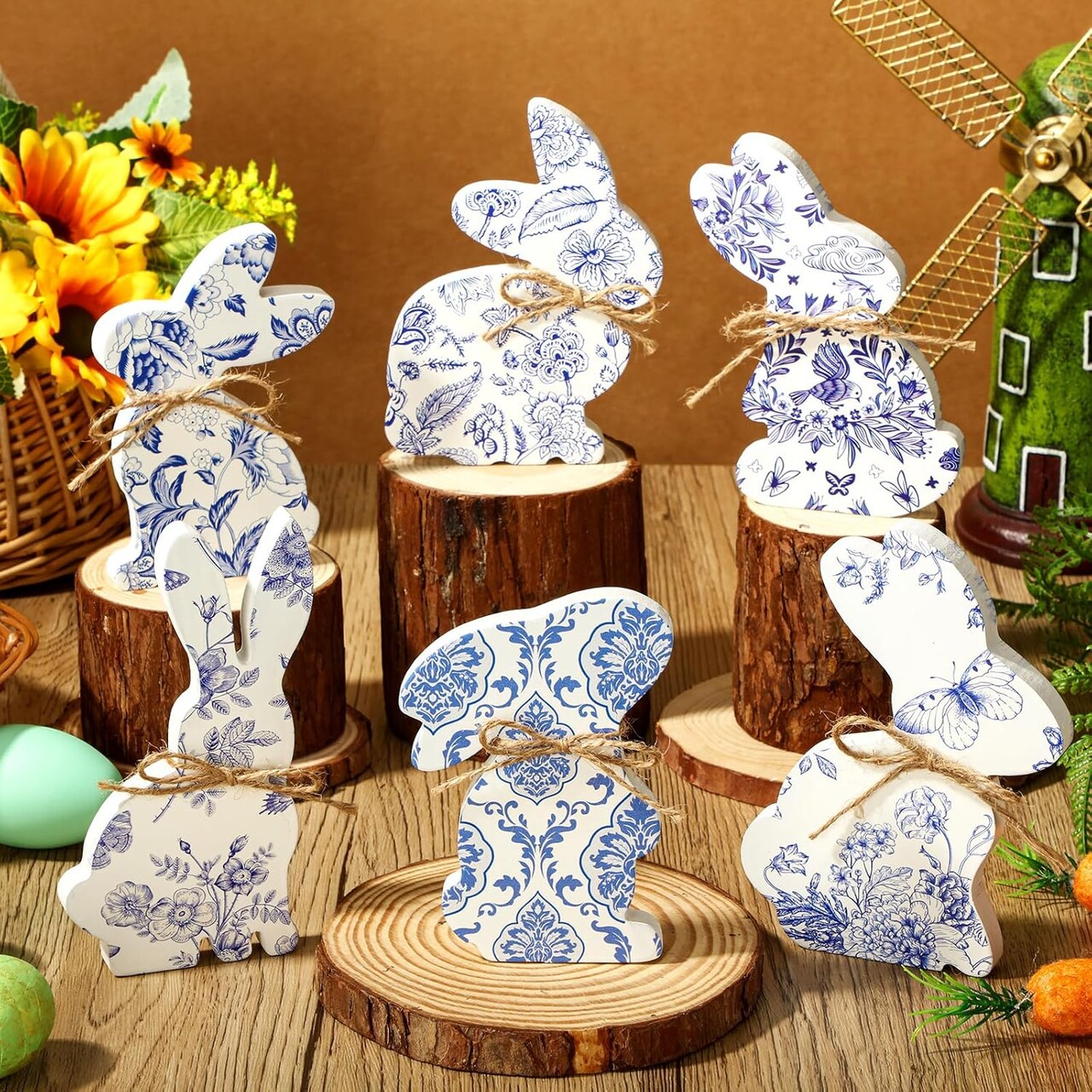 6 Pcs Easter Bunny Wood Signs Table Wooden Farmhouse Decor Spring Rabbit Shaped Wood Tabletop Easter Decor with Rope Dining Room Decorations for Desk Office Tray Home(Blue and White Porcelain)
